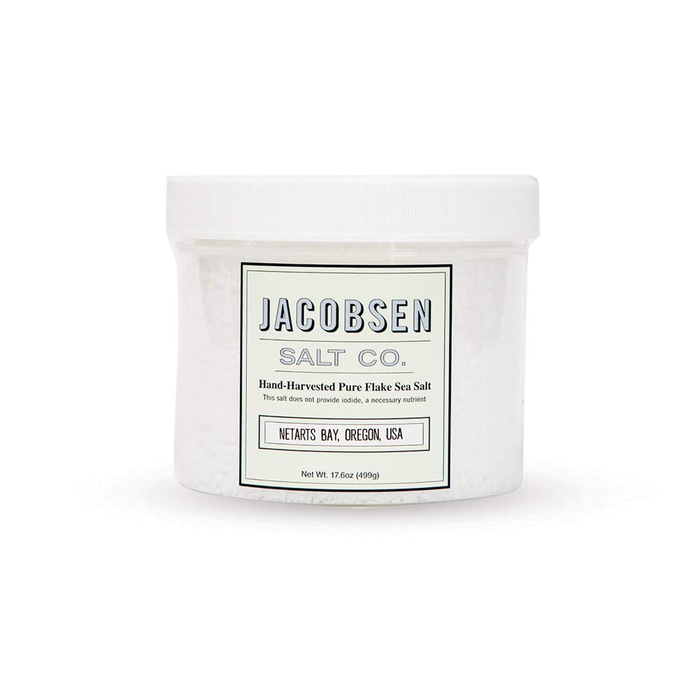 Jacobsen Salt Co. Pure Flake Finishing Salt bottle pour enhances finish on dishes.