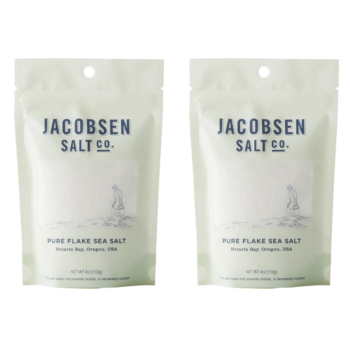 Jacobsen Salt Co. Pure Flake Sea Salt front label for gourmet finishing and bright flavor