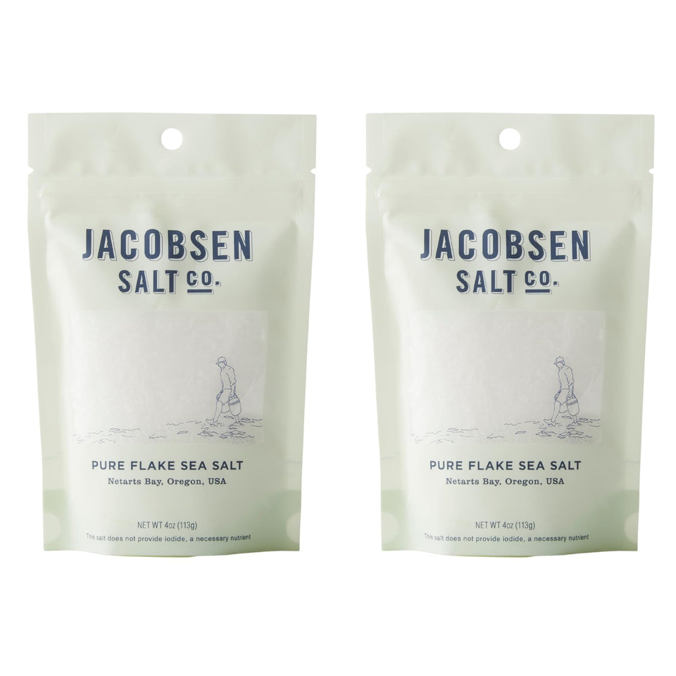 Jacobsen Salt Co. Pure Flake Sea Salt front label for gourmet finishing and bright flavor