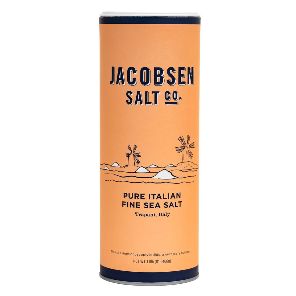 Jacobsen Salt Co. jar of pure Italian fine-grain sea salt shows bright crystals for precise seasoning.