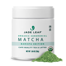 Jade Leaf Matcha ceremonial-grade powder in a 30 g pouch for daily lattes.