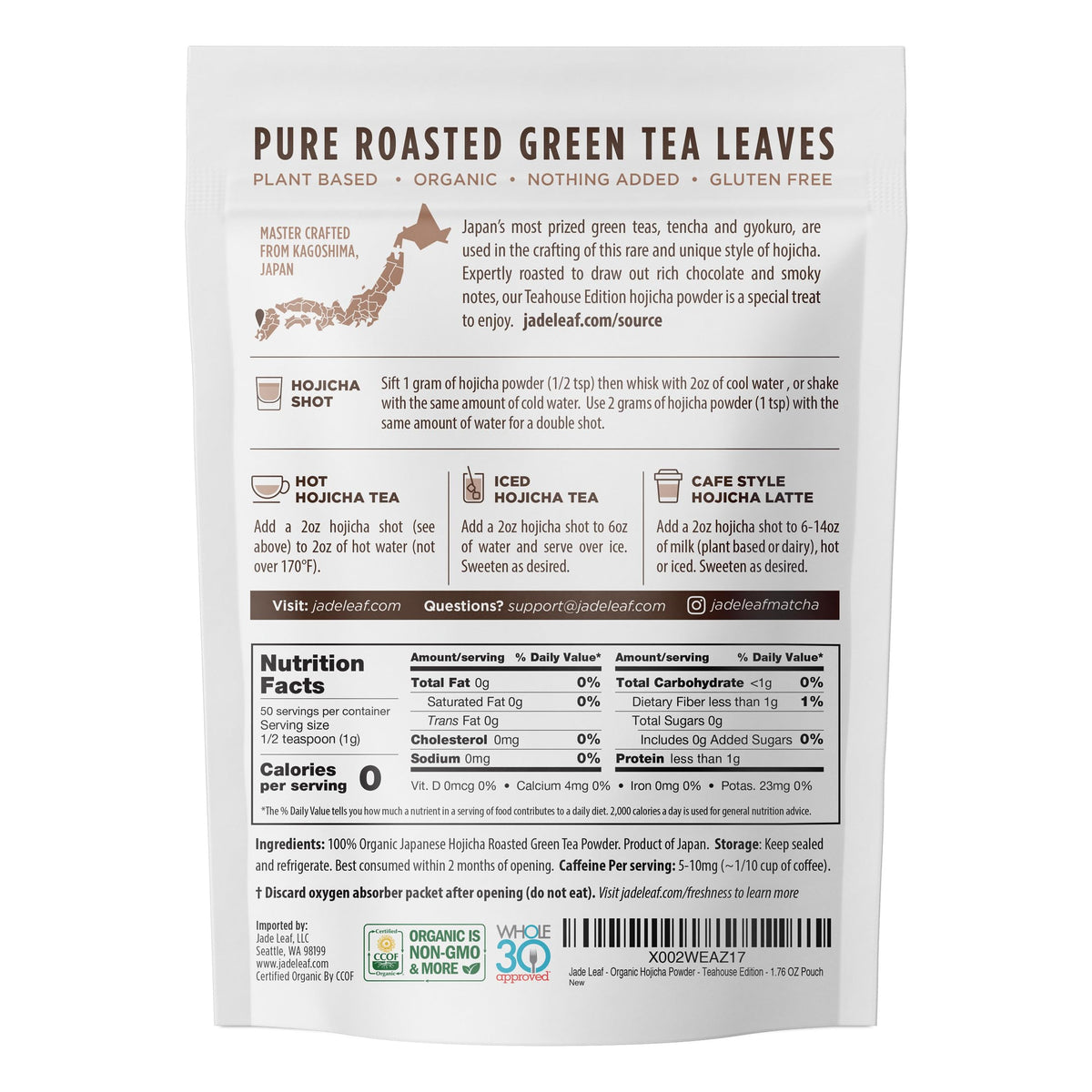 Jade Leaf Hojicha powder close-up reveals roasted, nutty aroma.