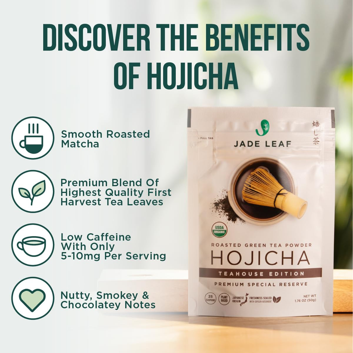 Jade Leaf Hojicha powder latte preparation offers smooth, roasted notes.