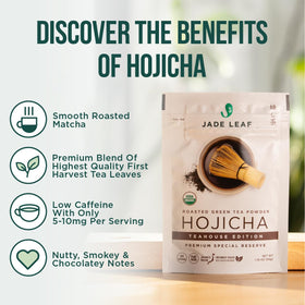 Jade Leaf Hojicha powder latte preparation offers smooth, roasted notes.