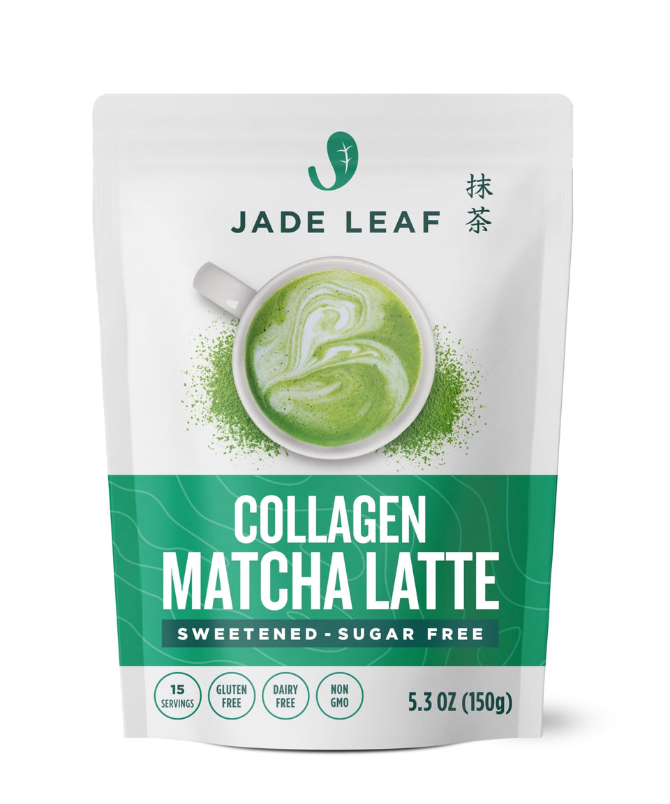 Jade Leaf Matcha latte powder bottle with collagen for keto-friendly drinks