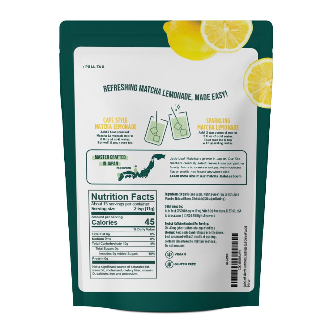 165g Jade Leaf Matcha Lemonade tub shows ceremonial-grade powder for cafe-style drinks