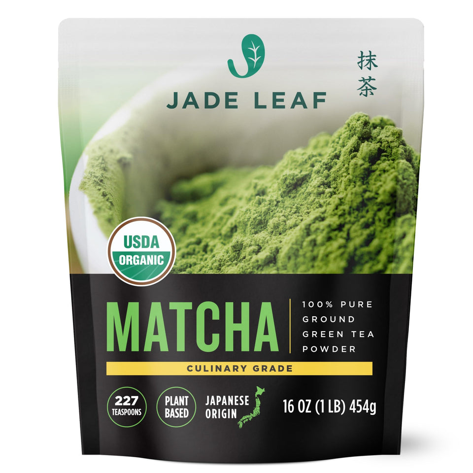 Jade Leaf Matcha organic culinary-grade powder in a bulk bag for baking and smoothies.
