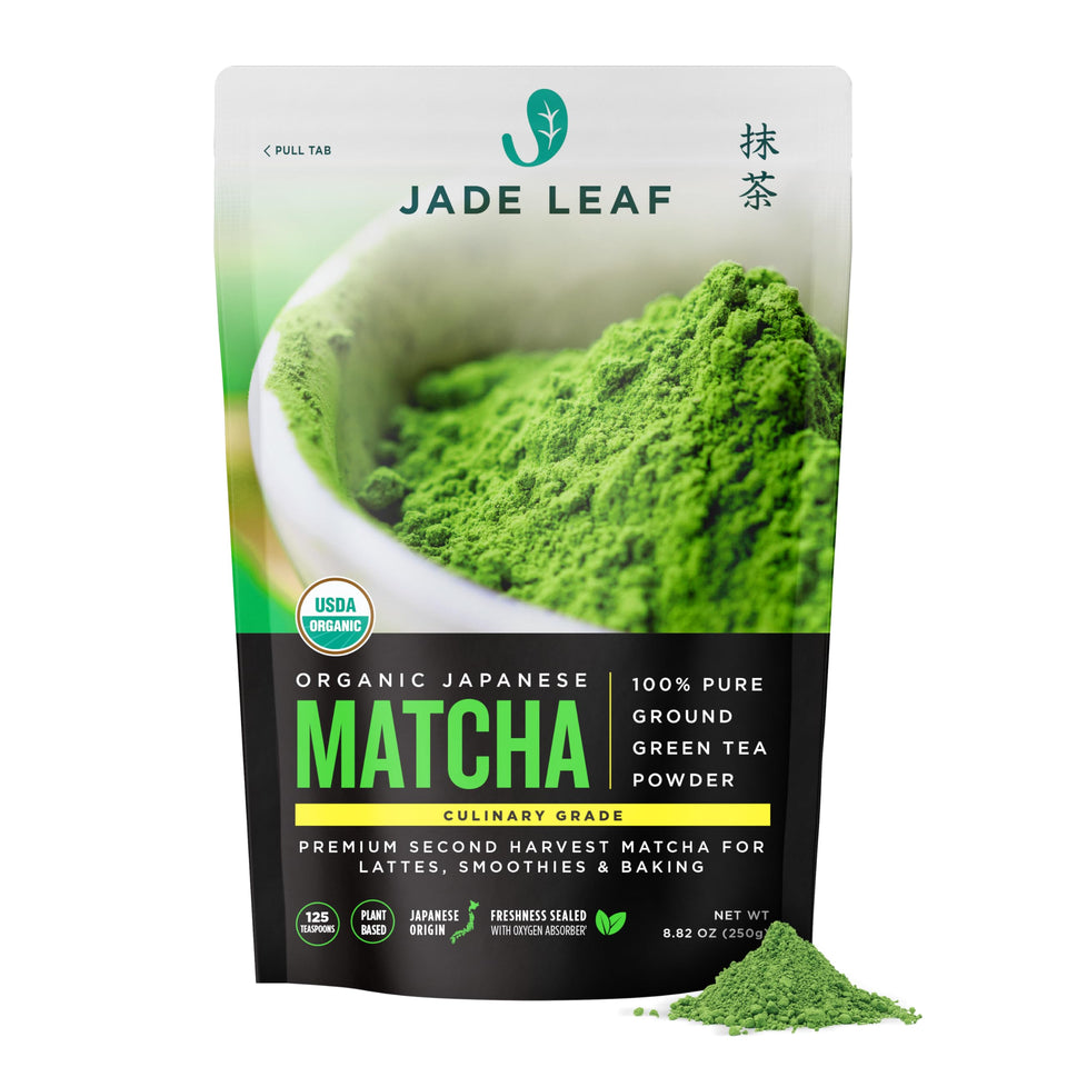 Jade Leaf Matcha powder; finely ground for smooth blends in drinks.