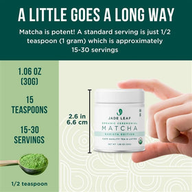Jade Leaf Matcha stone-ground powder close-up for a smooth latte base.