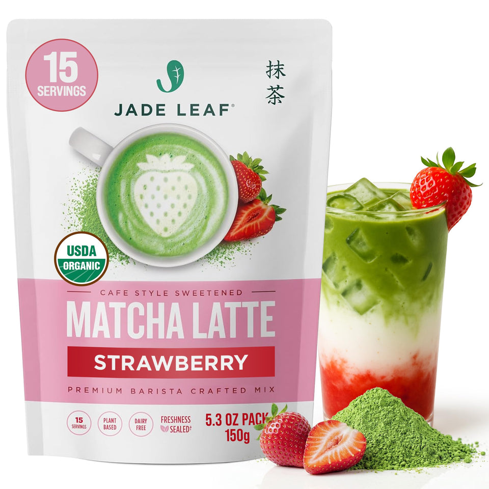 Jade Leaf Matcha Strawberry Latte Mix jar shows premium organic ingredients for cafe-style drinks.