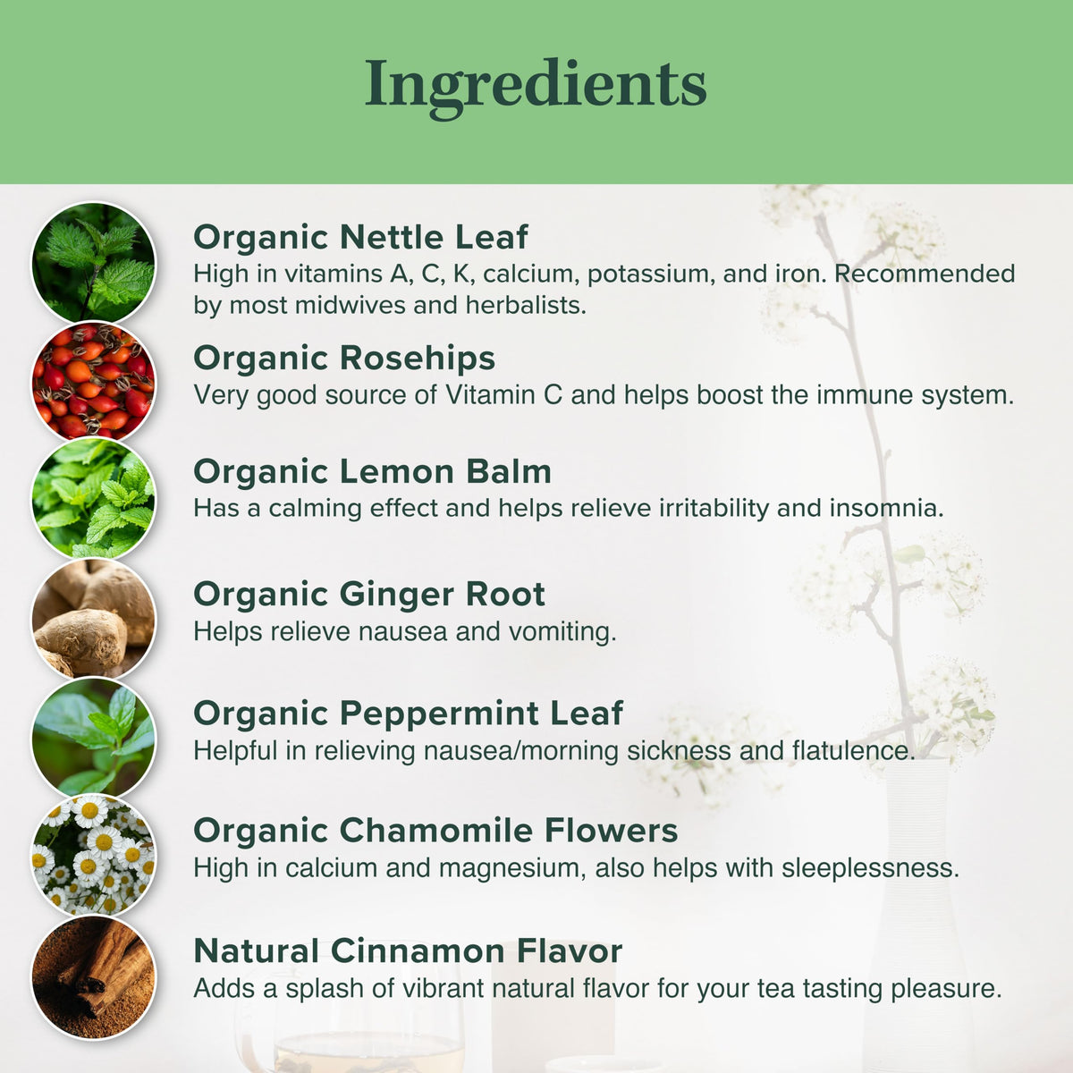 Jade Tea First Bloom nettle and rose hip blend emphasizes natural mineral reserves.
