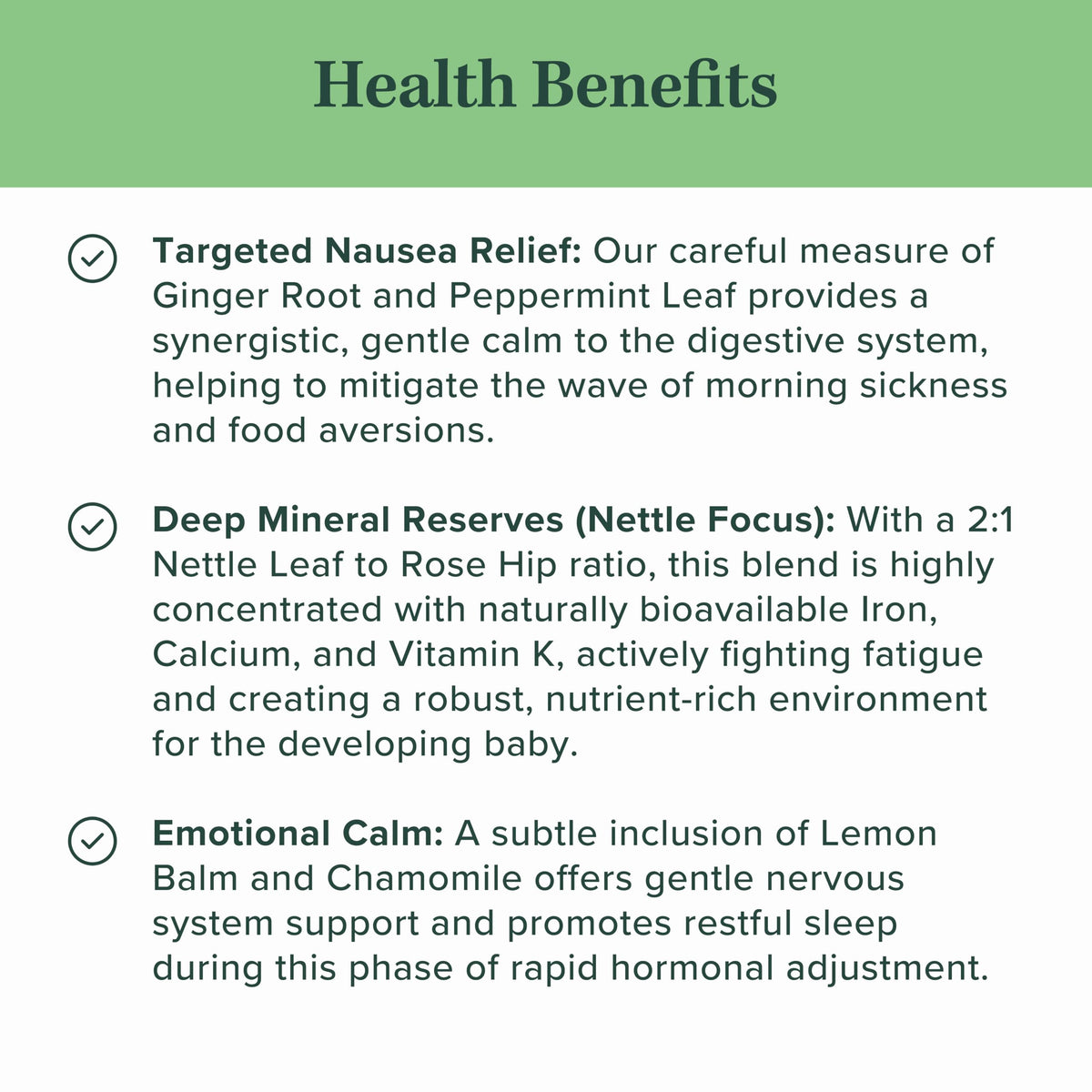 Jade Tea First Bloom ingredients showcase ginger and peppermint for gentle nausea relief.