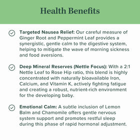 Jade Tea First Bloom ingredients showcase ginger and peppermint for gentle nausea relief.