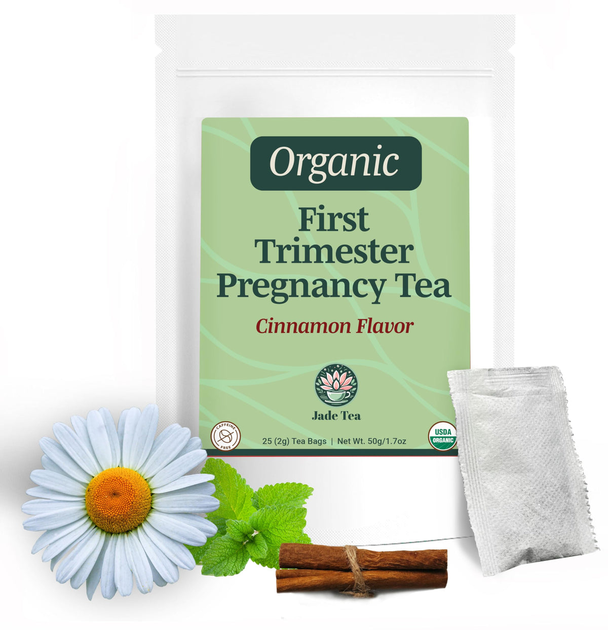 Jade Tea First Bloom packaging highlights caffeine-free prenatal support.