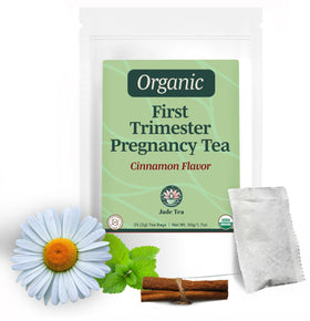 Jade Tea First Bloom packaging highlights caffeine-free prenatal support.