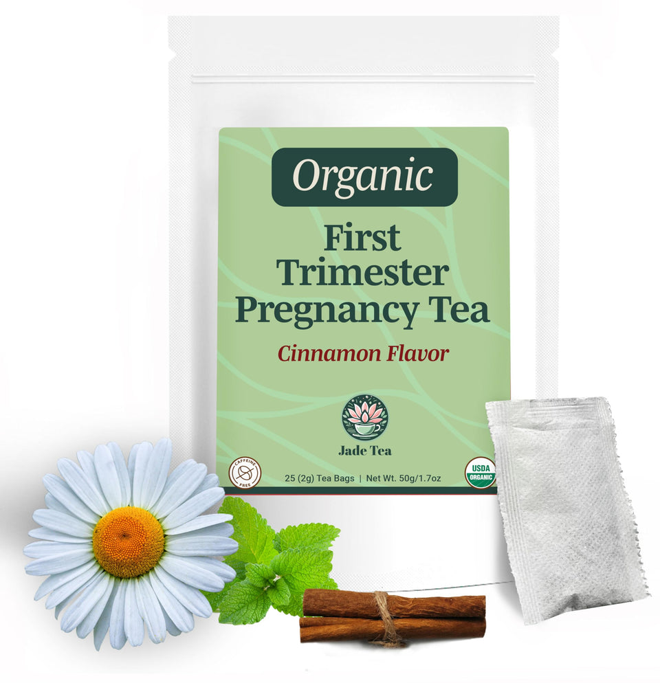 Jade Tea First Bloom packaging highlights caffeine-free prenatal support.