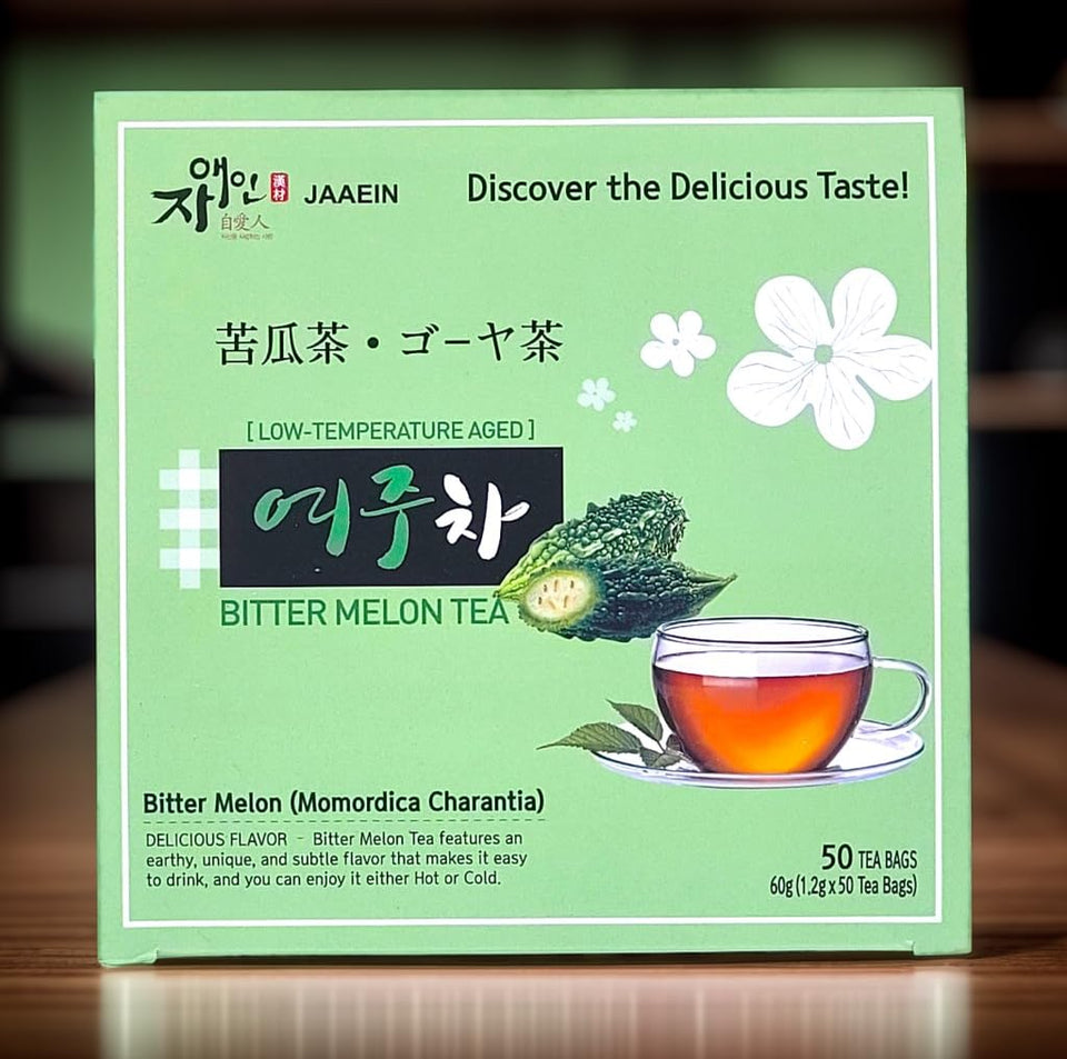JaAeIn Bitter Melon Tea bags in box for daily caffeine-free refreshment