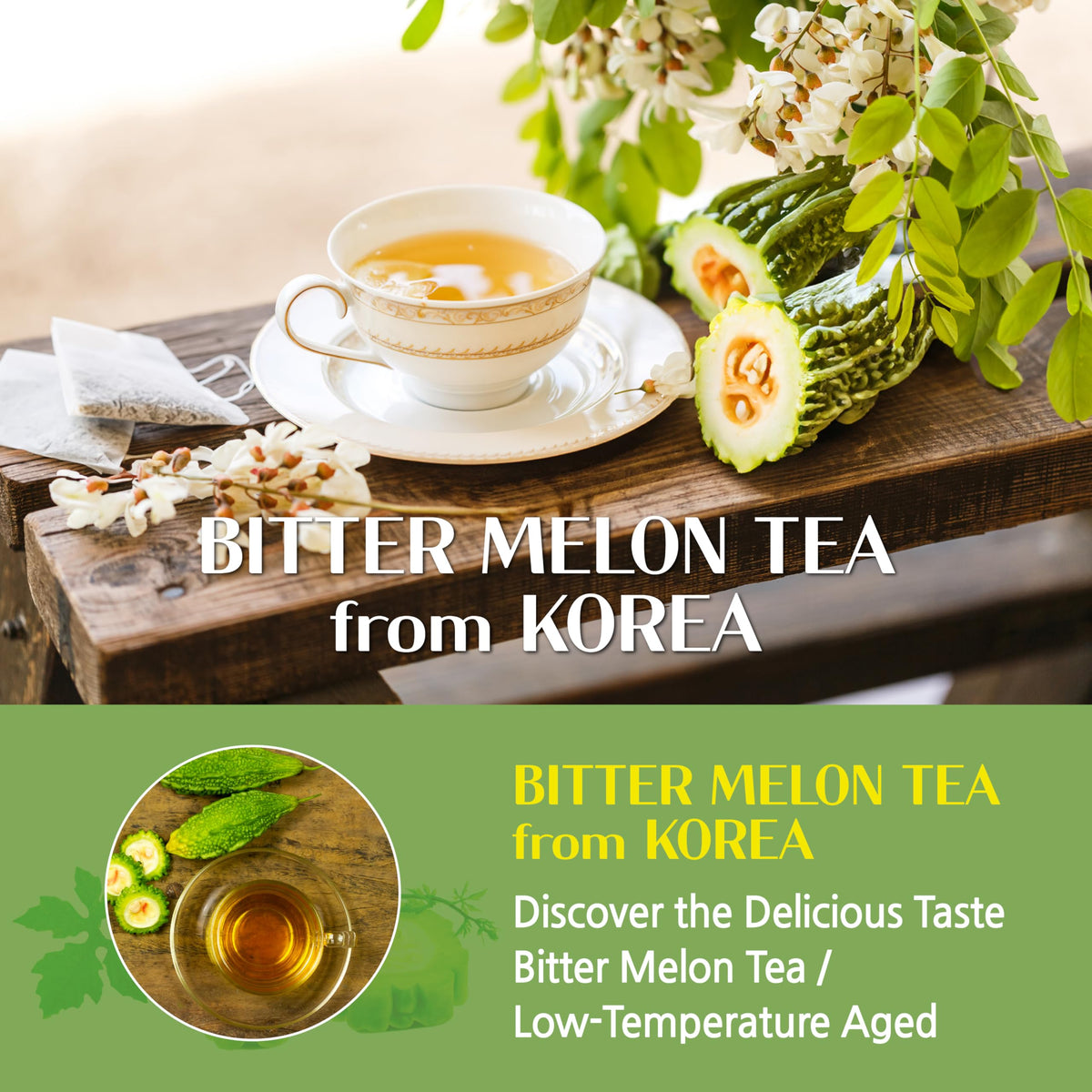 JaAeIn Bitter Melon Tea box front showing natural ingredients and Korean heritage