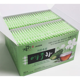 Packaging closeup highlighting 50 tea bags and low-temperature aging