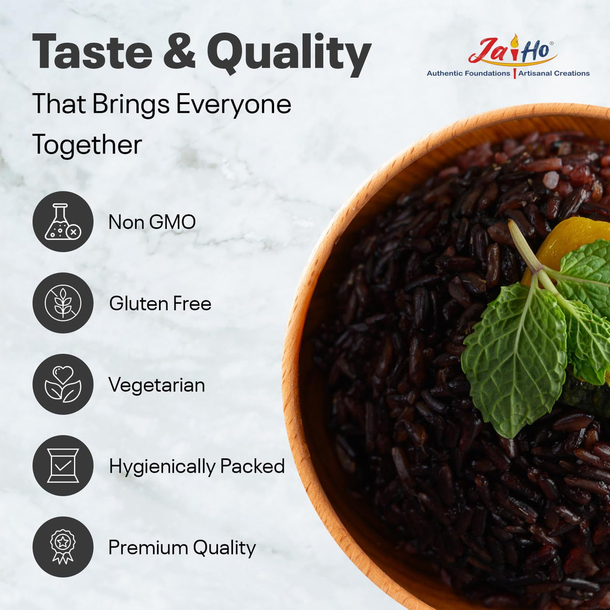 Jai Ho Black Rice cooked grains served in a colorful bowl