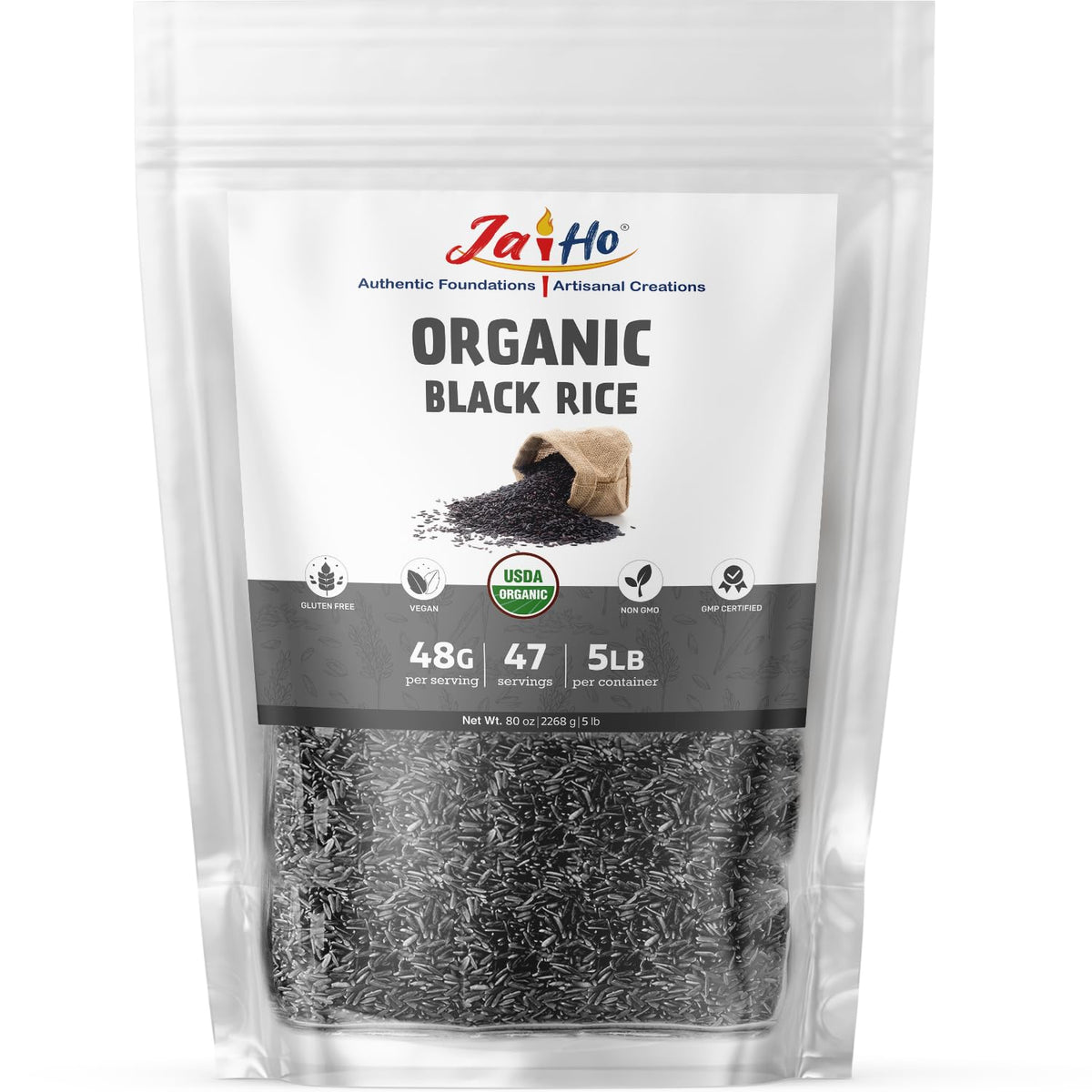 Jai Ho Black Rice packaged bag seal indicates freshness and easy pantry storage