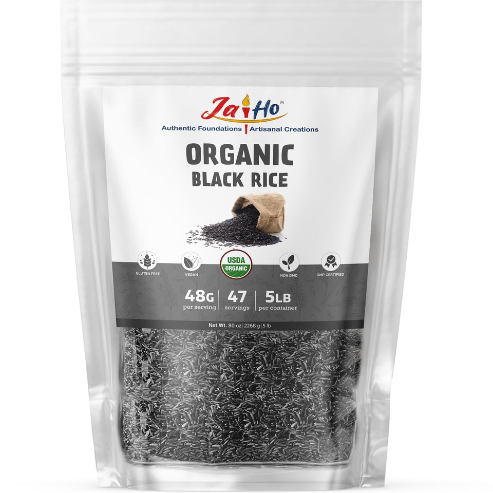 Jai Ho Black Rice packaged bag seal indicates freshness and easy pantry storage