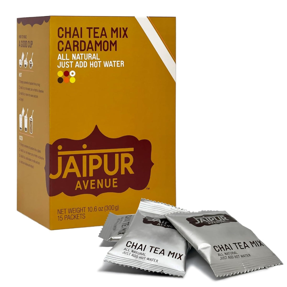 Jaipur Avenue Cardamom Chai Tea Mix bag displaying gluten-free, preservative-free blend for hot chai.