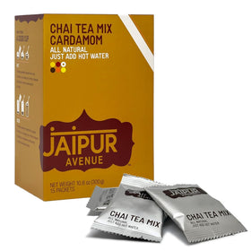 Jaipur Avenue Cardamom Chai Tea Mix bag displaying gluten-free, preservative-free blend for hot chai.