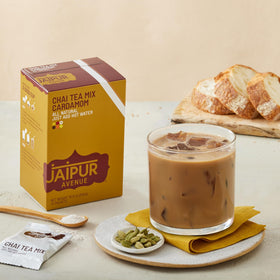 Jaipur Avenue Cardamom Chai Tea Mix with ice and milk for a refreshing iced chai latte.