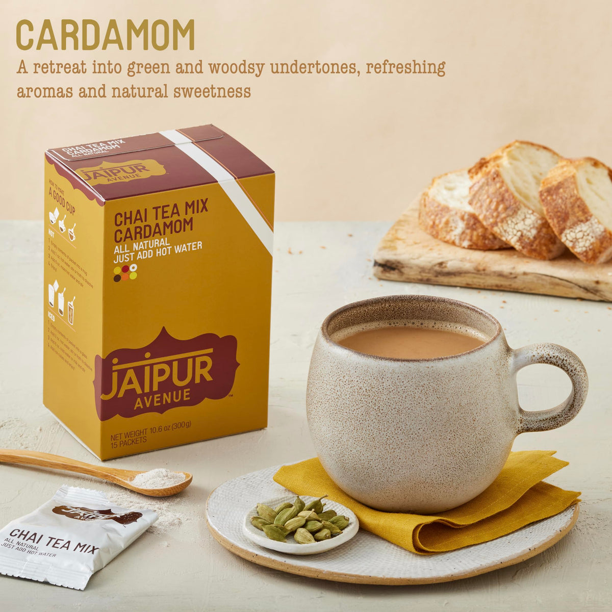 Jaipur Avenue Cardamom Chai Spice jar highlights all-natural ingredients for authentic Indian chai.