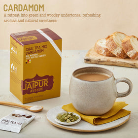 Jaipur Avenue Cardamom Chai Spice jar highlights all-natural ingredients for authentic Indian chai.