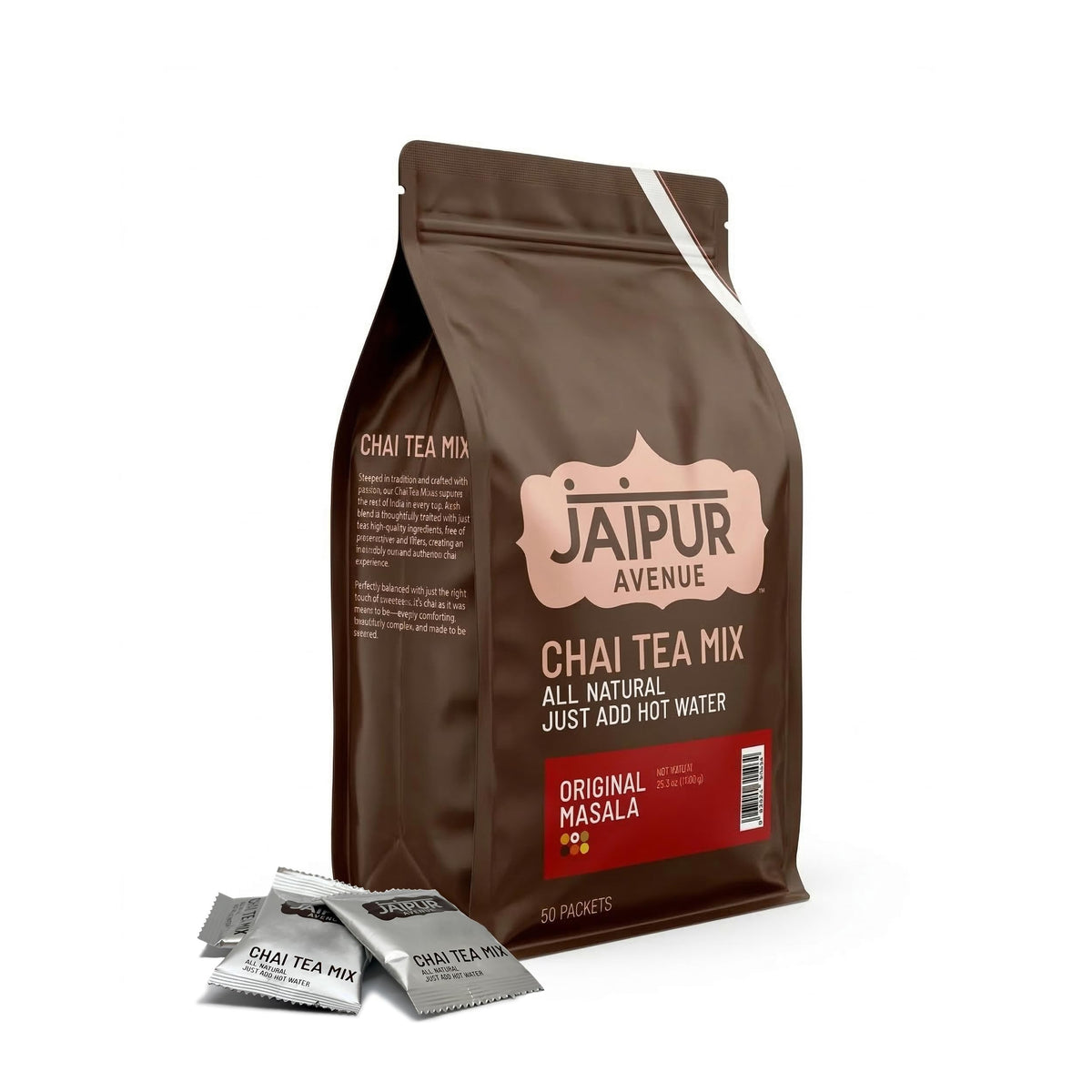 Jaipur Avenue Masala Chai Tea Mix packaging front, gluten-free and preservative-free.