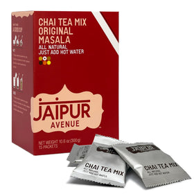 Jaipur Avenue Masala Chai tea mix packaging highlights gluten-free, preservative-free quality.