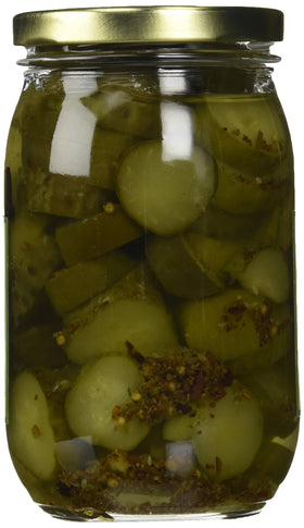 Jake & Amos lime pickles slices close-up; crisp texture and zesty aroma