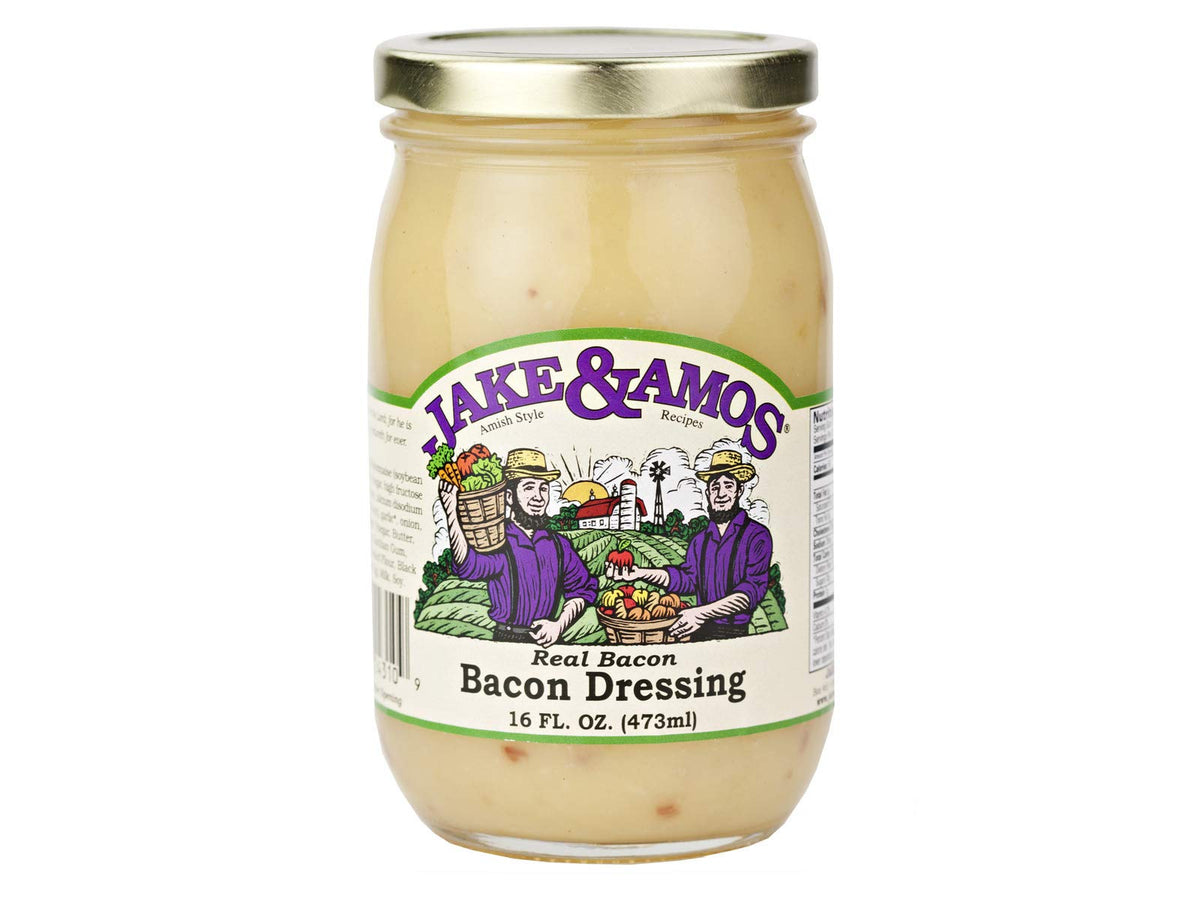 Jake & Amos real bacon dressing closeup showing bacon bits for rich flavor.