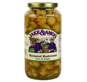 Jake & Amos marinated mushrooms jar front view, ready to serve