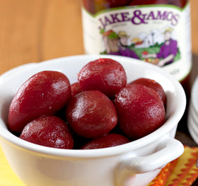 Jake & Amos pickled beets closeup, cinnamon spice notes for unique flavor.