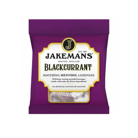 Jakemans Blackcurrant Menthol Bags packaging closeup showing compact rectangular lozenges