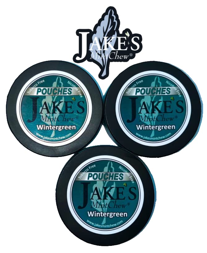 Jake's Mint Chew Wintergreen 3-pack pouches, ready-to-chew, smoke-free alternative for fresh breath