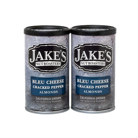 Jake's Nut Roasters bleu cheese cracked pepper almonds can, bold flavor on the go.