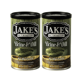 Jake's Nut Roasters Brine & Dill Almonds pack front showing bold tangy flavor