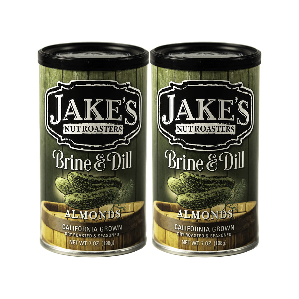 Jake's Nut Roasters Brine & Dill Almonds pack front showing bold tangy flavor