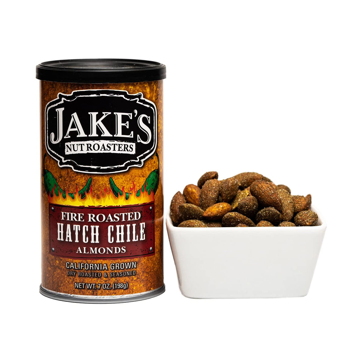 Jake's Nut Roasters California almonds, whole and dry roasted, ready for savory snacking.