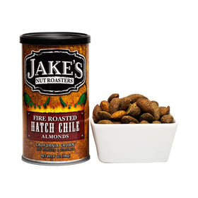 Jake's Nut Roasters California almonds, whole and dry roasted, ready for savory snacking.