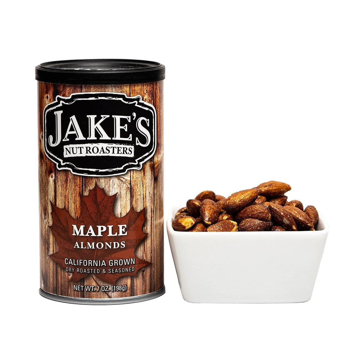 Jake's Nut Roasters Sweet Maple Almonds 2-pack back panel with nutrition and allergen info, mindful snacking.