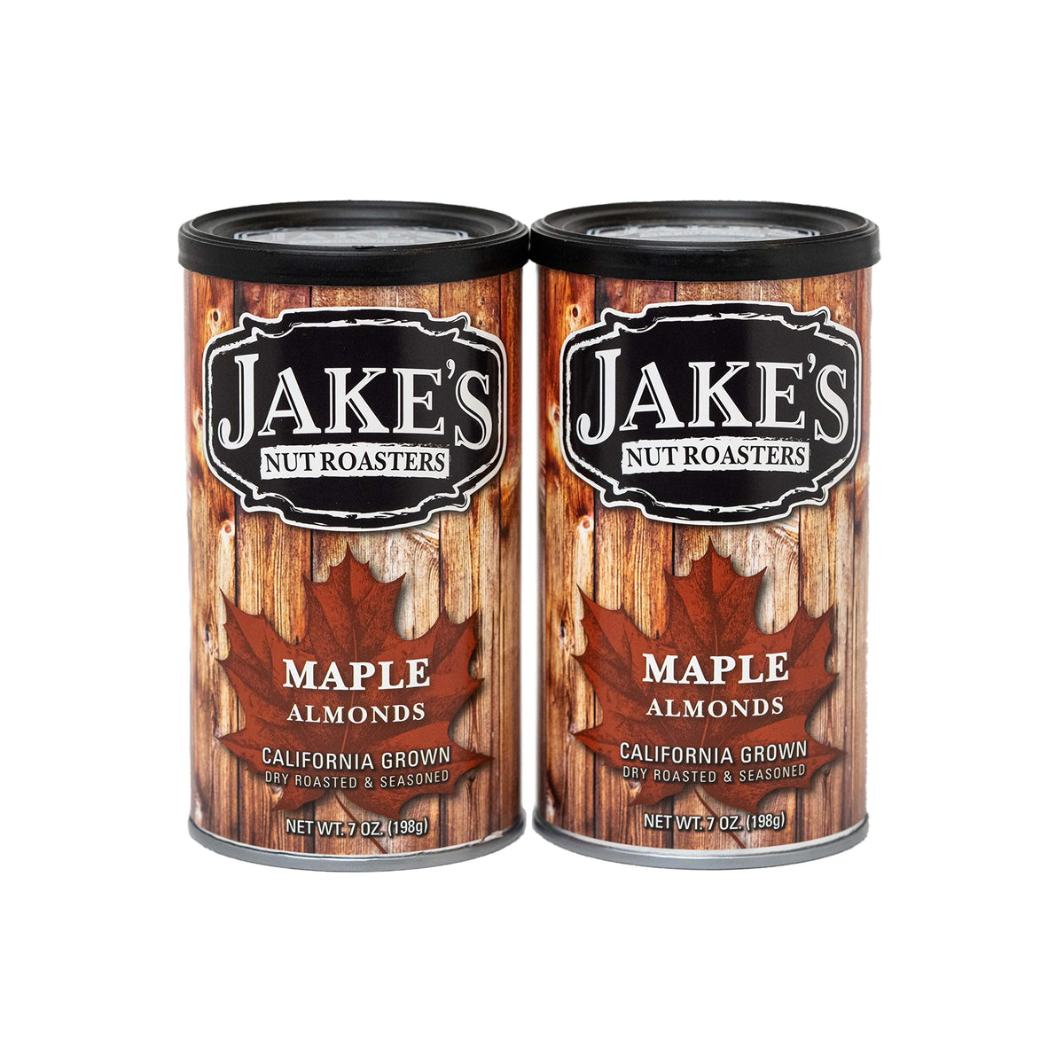 Jake's Nut Roasters Sweet Maple Almonds 2-pack front label showcasing maple flavor for a snack-ready protein boost.