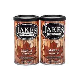 Jake's Nut Roasters Sweet Maple Almonds 2-pack front label showcasing maple flavor for a snack-ready protein boost.