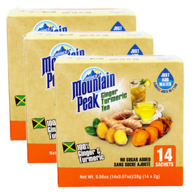 Jamaica Mountain Peak Ginger Turmeric Tea box front, daily comfort.