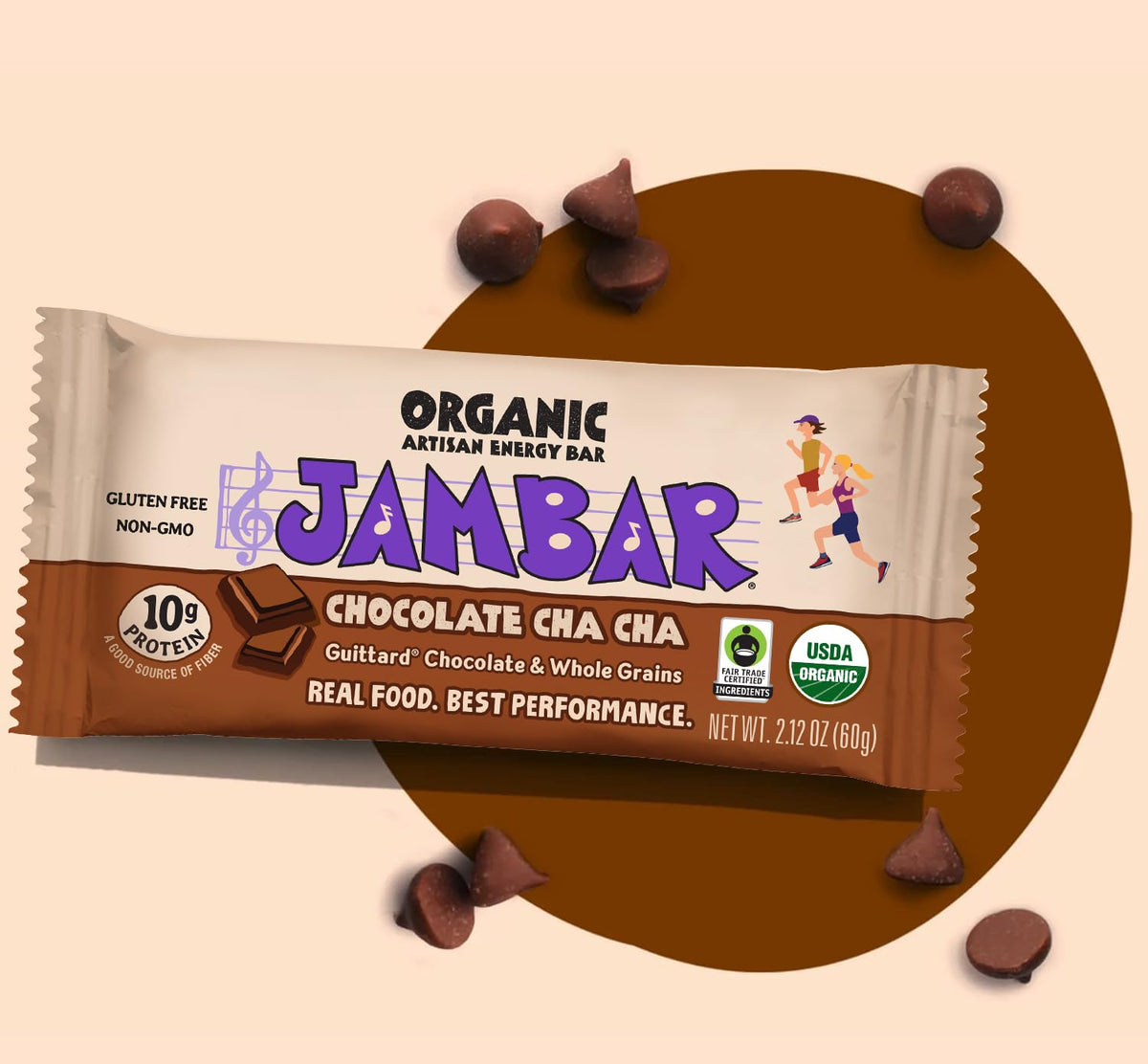 JAMBAR Chocolate Cha Cha bar packaging nutrition info highlighting clean ingredients and gluten-free style