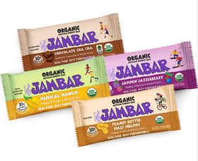 JAMBAR energy bar pack flavors close-up highlights tasty, clean nutrition for busy days